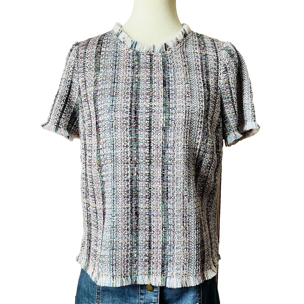 Etcetera Tweed Boucle Blouse Fringe Trim Multicolor Chic Short Sleeve Top M
